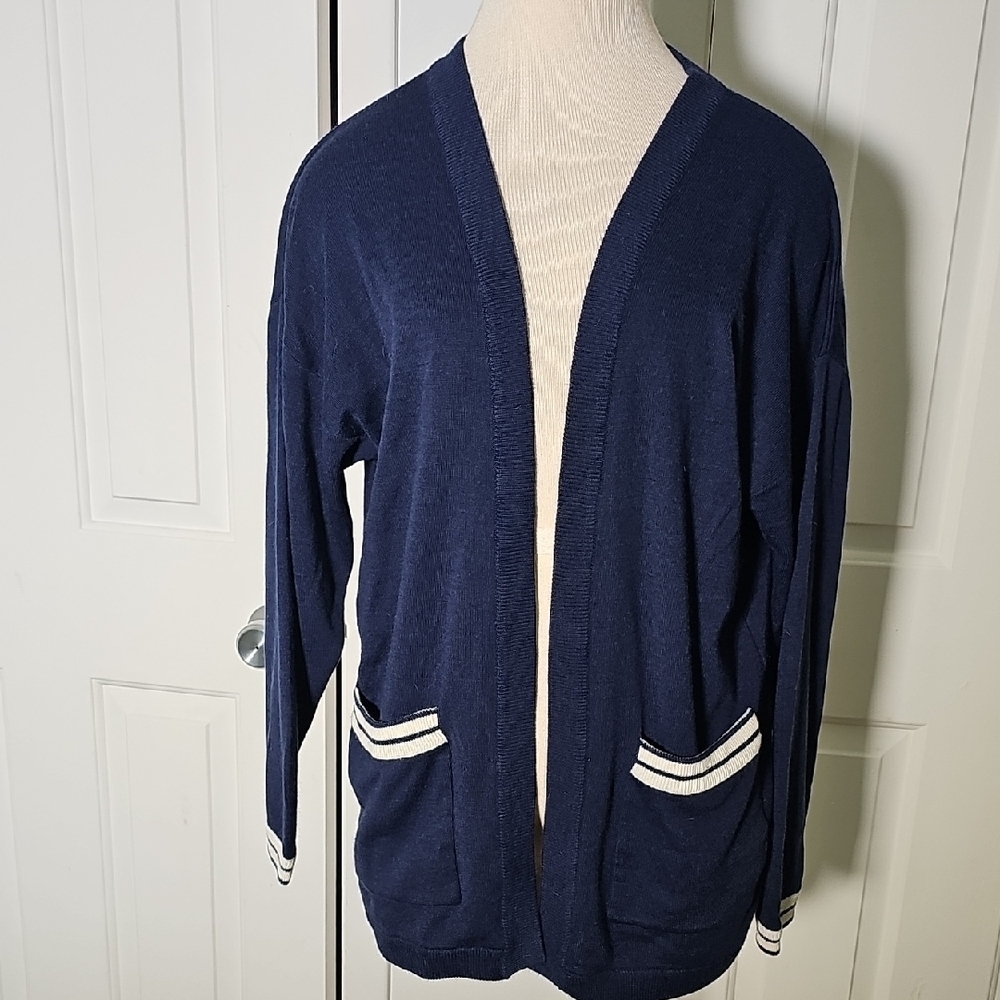 Navy Blue Open Cardigan with White Stripes By Outlander. Size Large